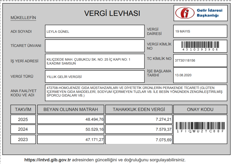 LEYLA GÜNEL 2025 YILI VERGİ LEVHASI